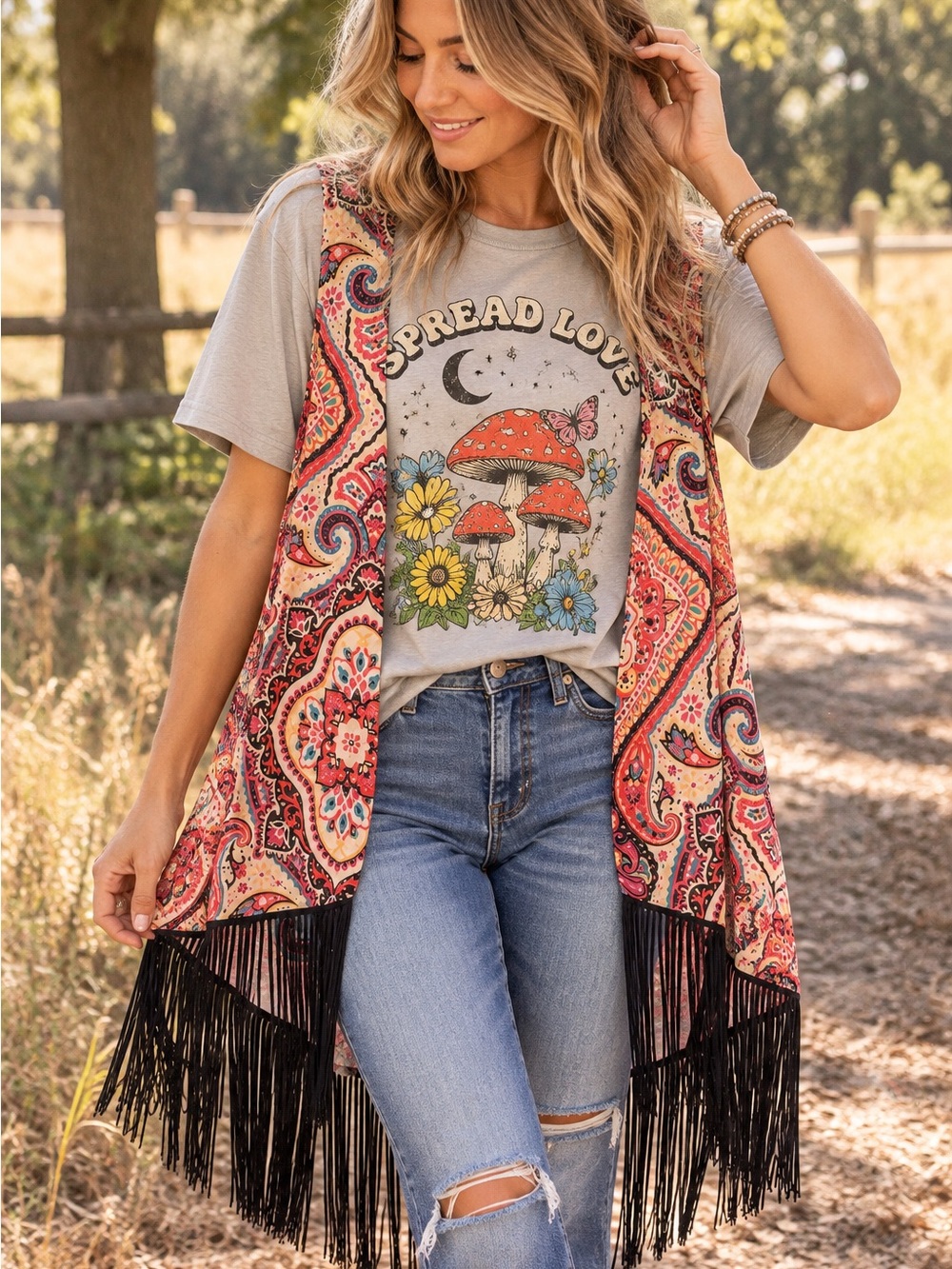 2 Piece Outfit- Mushroom T + Pink Multi Paisley Fringe Open Vest Size Medium .